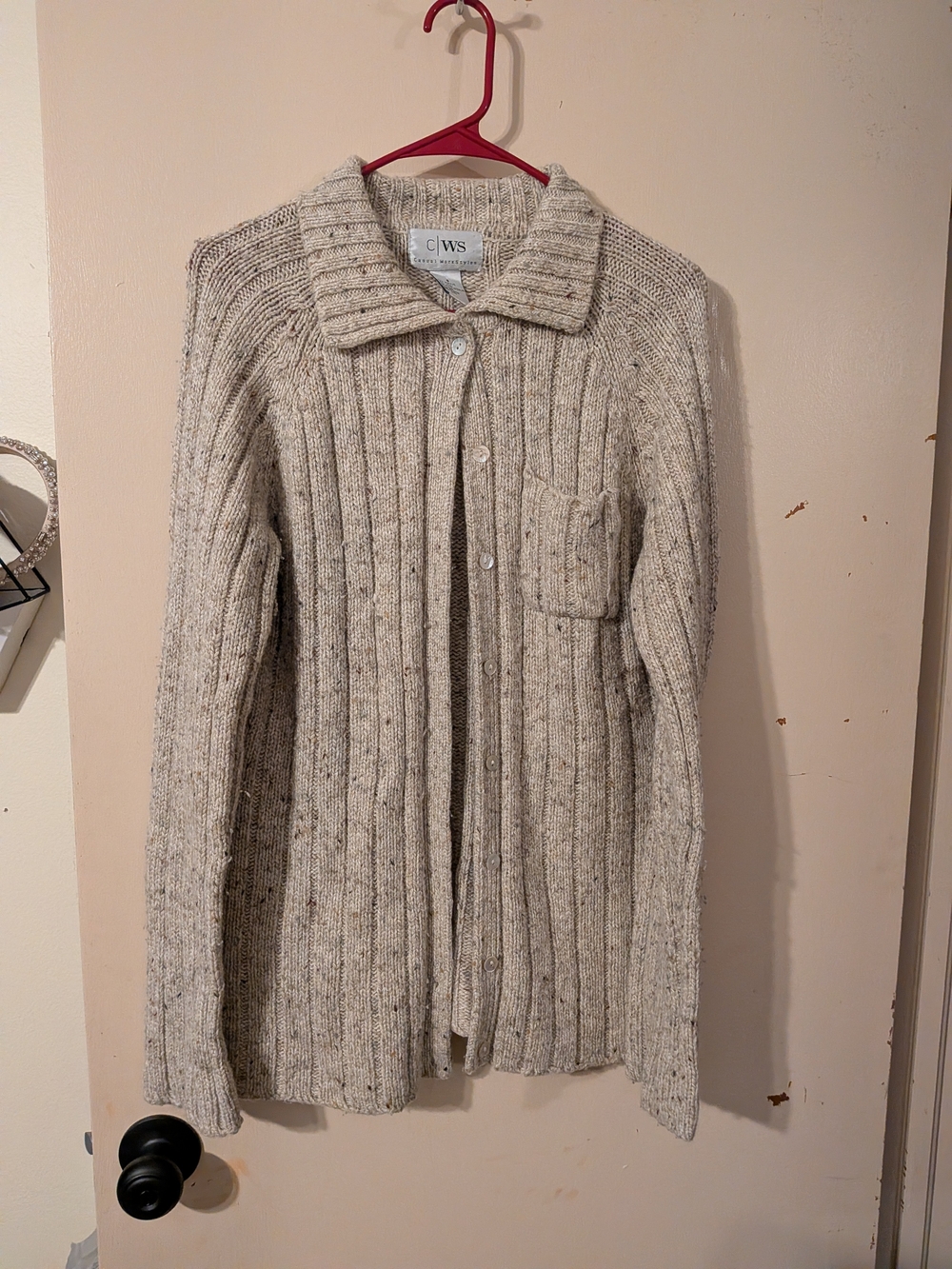 Women's Cream Ribbed Button Cardigan with Collar